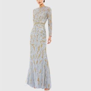 NWT Mac Duggal Gray Beaded Long Sleeve Evening Gown 5124 $598